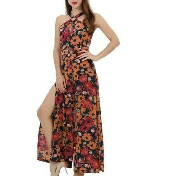 unbranded Pants - Floral romper wide leg Side slit Halter Flowy Pant